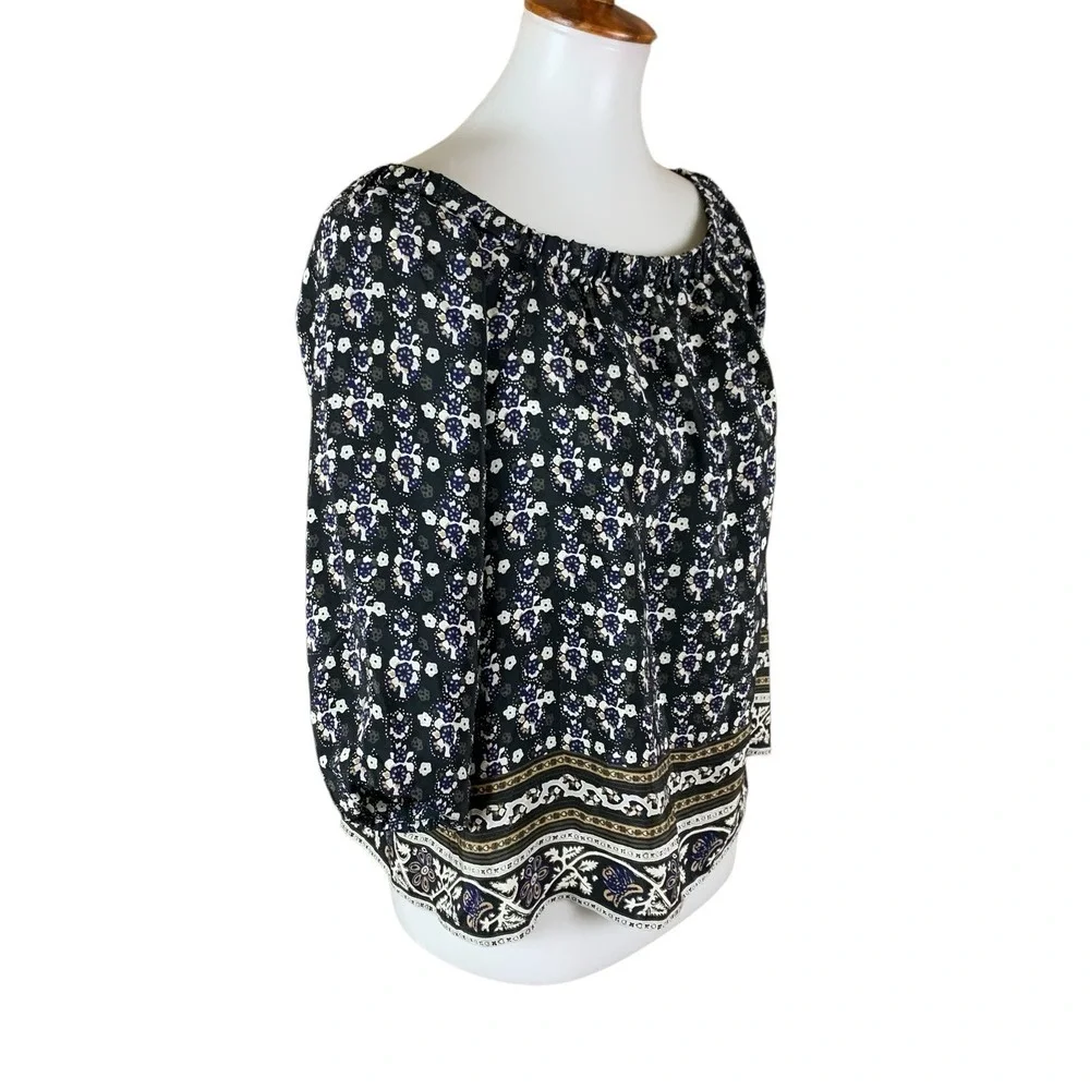 Madewell 100% Silk‎ Boho Peasant Blouse Black Floral Print Long Sleeve Top Small
